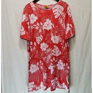 Ruby Rd. Dress XL Red White Tropical Floral Hibiscus Palm Print Short Sleeve